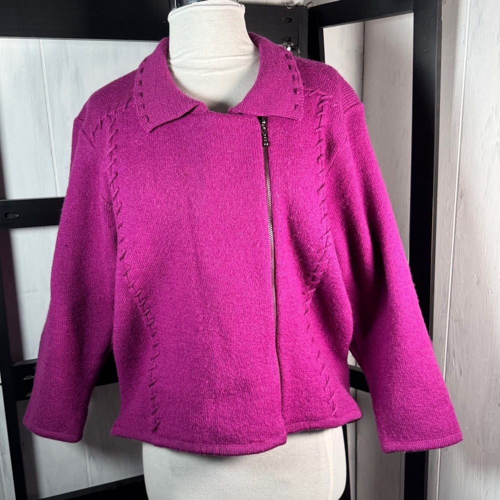 Retro Marisa Studio Fuchsia Cardigan with Asymmetrical Zipper, 100% wool, MINT!!